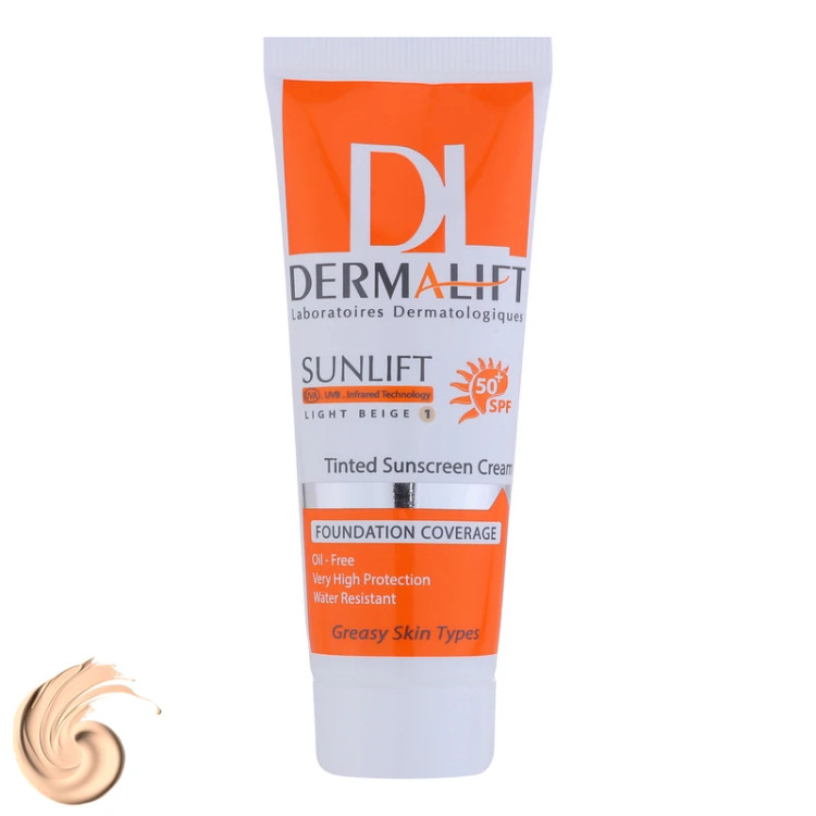 کرم ضدآفتاب رنگی بژ روشن درمالیفت، با SPF50، ضدآب، فاقد چربی، حجم 40 میلیلیتر، مدل Sunlift