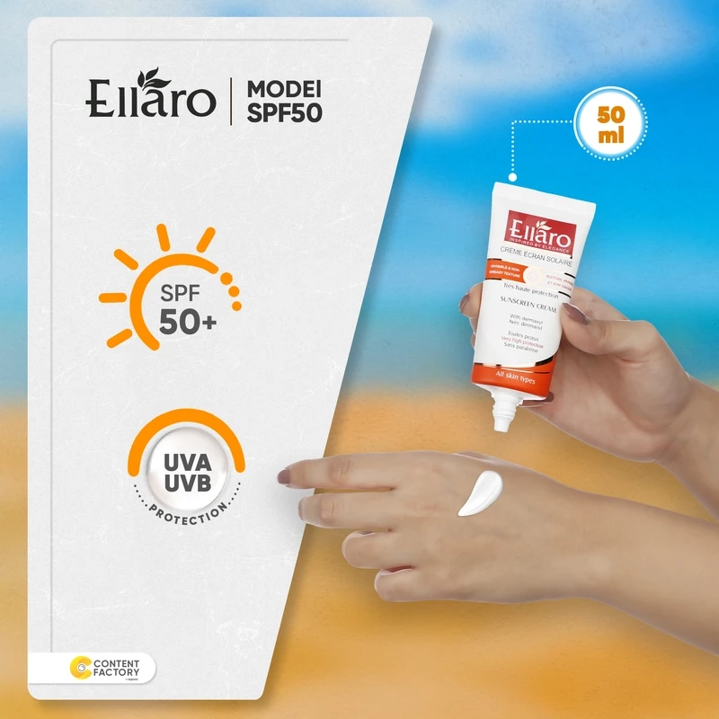 ضدآفتاب بی‌رنگ الارو مدل +SPF50 مناسب انواع پوست، حجم 50 میلی‌لیتر