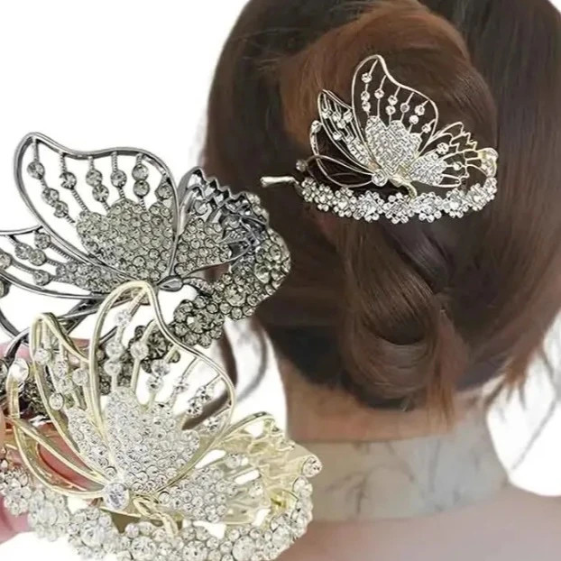 گیره مو زنانه مدل لوکس مجلسی طرح پروانه نگین دار