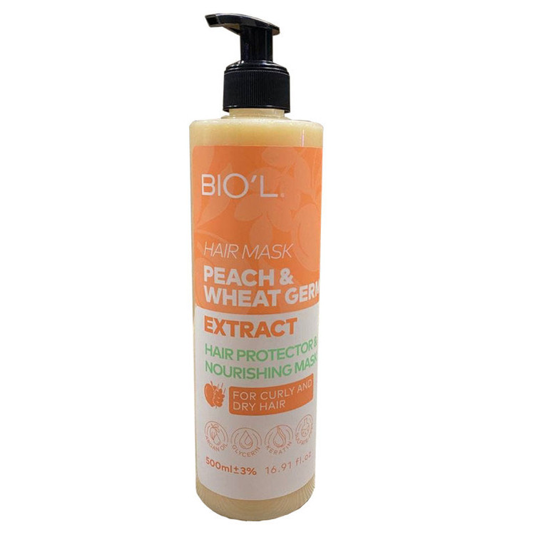 ماسک مو بیول حاوی هلو و جوانه گندم مناسب مو خشک و فر حجم 500 میلی لیتر