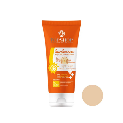 کرم ضد آفتاب رنگی بژ روشن SPF50 تاپ شاپ مناسب انواع پوست حجم 50 میلی لیتر