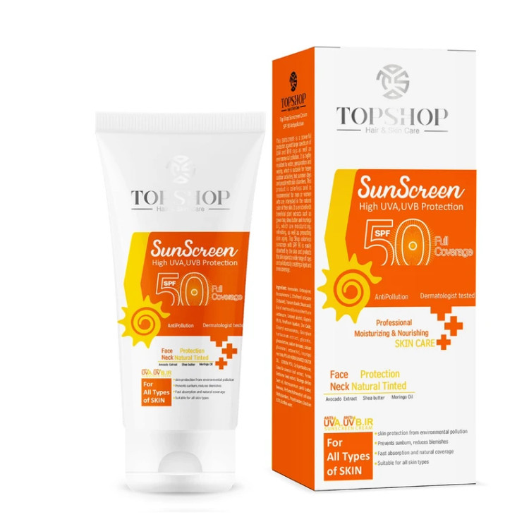 کرم ضد آفتاب بی رنگ تاپ شاپ مدل SPF50 مناسب انواع پوست حجم 50 میلی لیتر