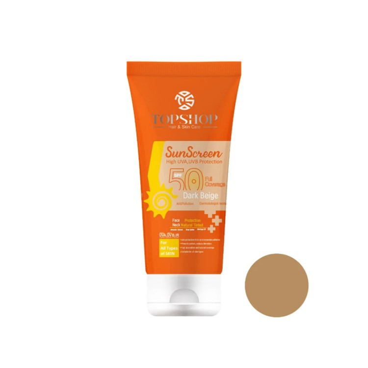 کرم ضد آفتاب رنگی بژ تیره تاپ شاپ SPF50 مناسب انواع پوست حجم 50 میلی لیتر