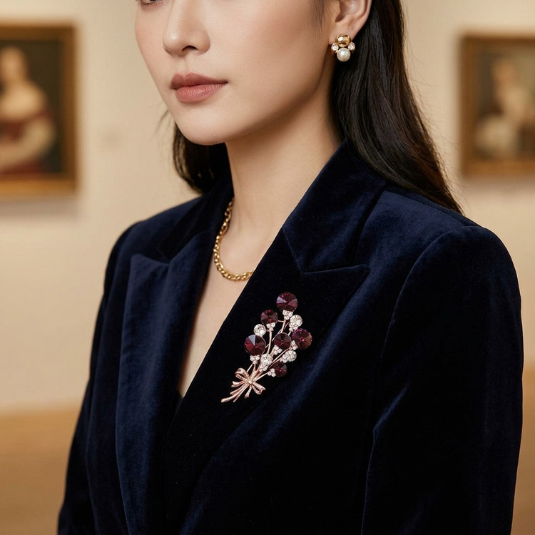 سنجاق سینه زنانه طرح دسته گل با نگینهای کریستالی