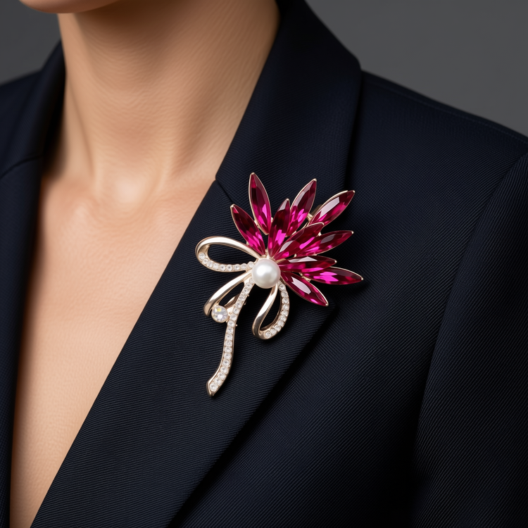 سنجاق سینه زنانه طرح گل کریستالی قرمز