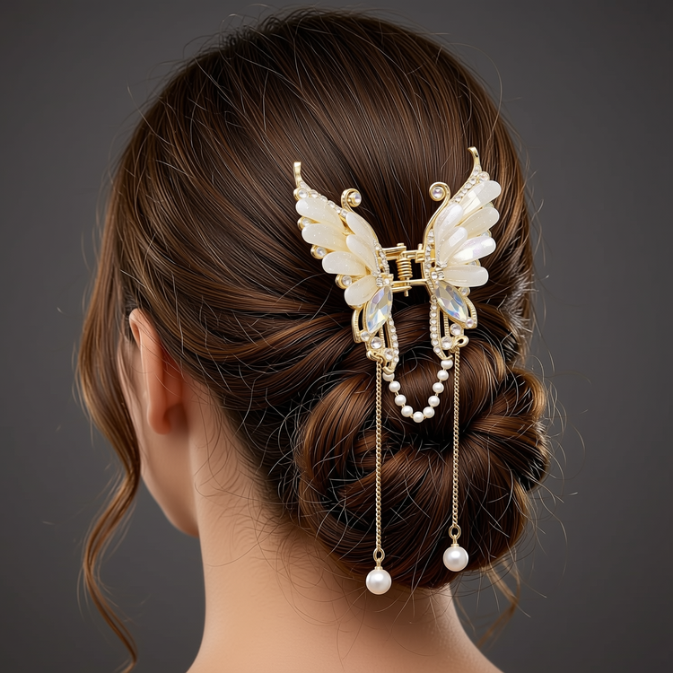 گیره مو مجلسی طرح پروانه مروارید دار مدل 01