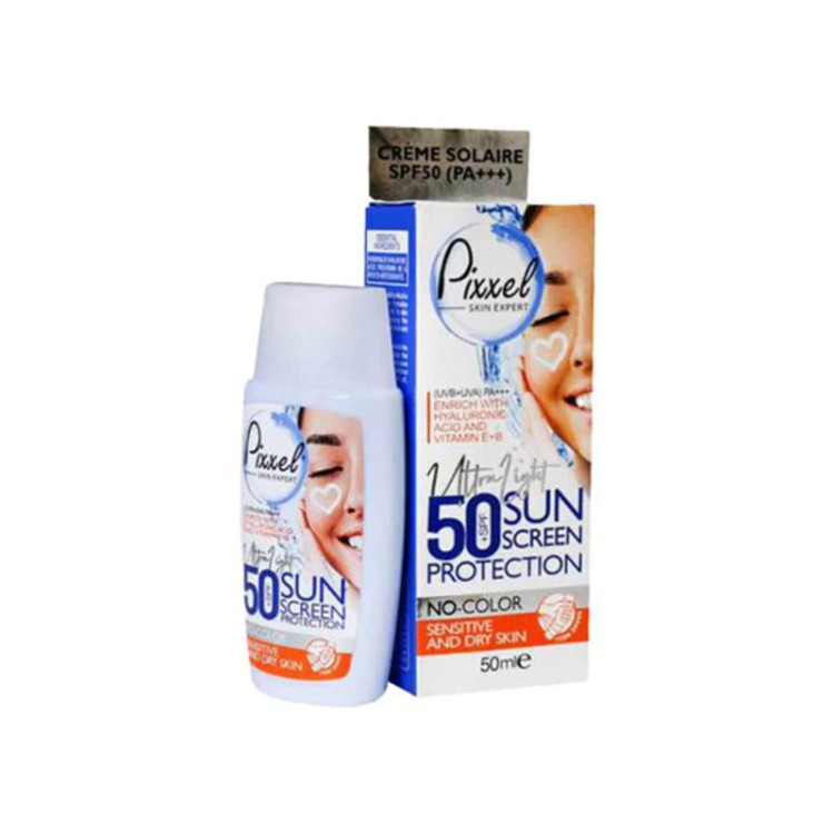 کرم ضدآفتاب پیکسل بیرنگ SPF50 مناسب پوست خشک و نرمال و حساس حجم 50 میلیلیتر