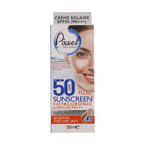 کرم ضدآفتاب فلوئیدی رنگی بژ طبیعی SPF50 پیکسل مناسب پوست های خشک تا نرمال و حساس حجم 50 میلیلیتر
