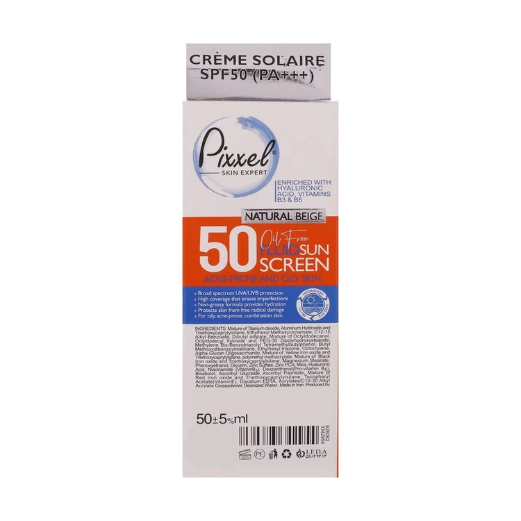 کرم ضدآفتاب فلوئیدی رنگی بژ طبیعی SPF50 پیکسل مناسب پوست چرب، جوش دار و مختلط حجم 50 میلیلیتر