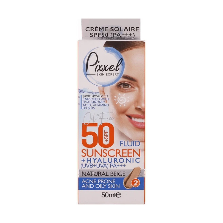 کرم ضدآفتاب فلوئیدی رنگی بژ طبیعی SPF50 پیکسل مناسب پوست چرب، جوش دار و مختلط حجم 50 میلیلیتر