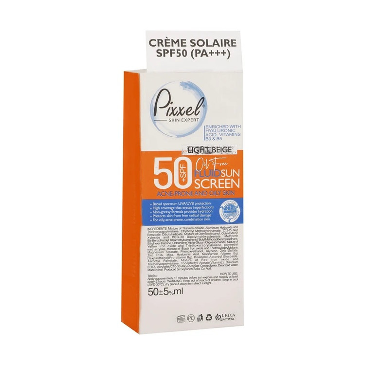 کرم ضدآفتاب فلوئیدی رنگی بژ روشن صورت پیکسل حجم 50 میلیلیتر مناسب پوستهای چرب و جوش دار و مختلط