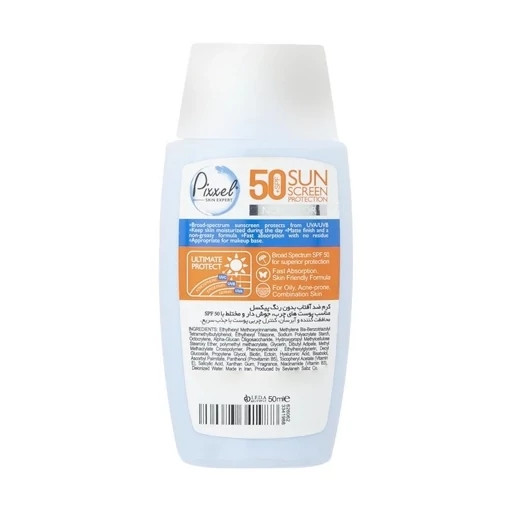 کرم ضدآفتاب فلوئیدی بیرنگ SPF50 پیکسل مناسب پوست های چرب جوش دار و مختلط حجم 50 میلی لیتر